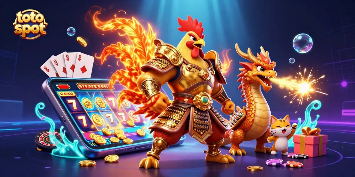 Petualangan permainan slot Toto yang menampilkan pejuang ayam samurai emas, anak naga, dan kucing keberuntungan di tengah elemen kasino yang berwarna-warni.