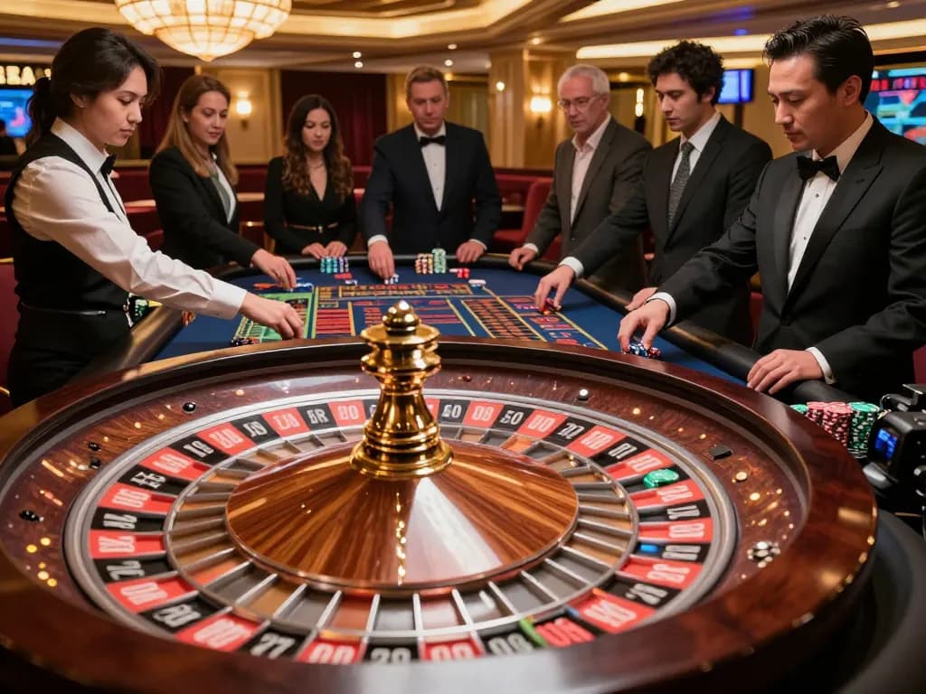 Roulette action at 79club with players engaged in high-stakes betting, luxurious casino atmosphere