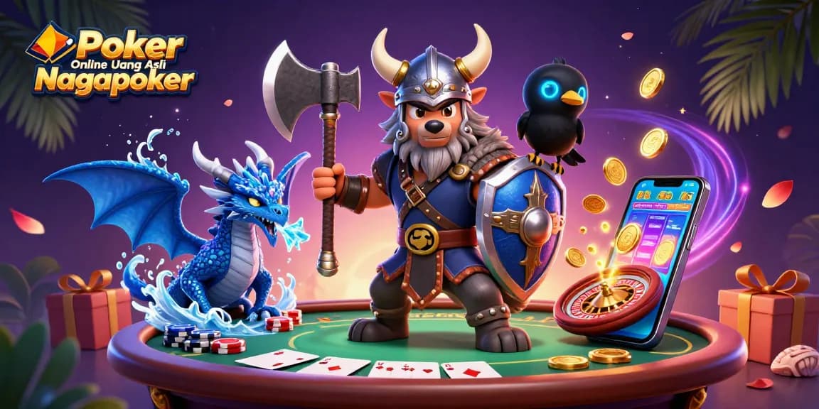Engage in Poker Online Uang Asli Nagapoker with a vibrant scene featuring cartoon characters and dynamic game elements.