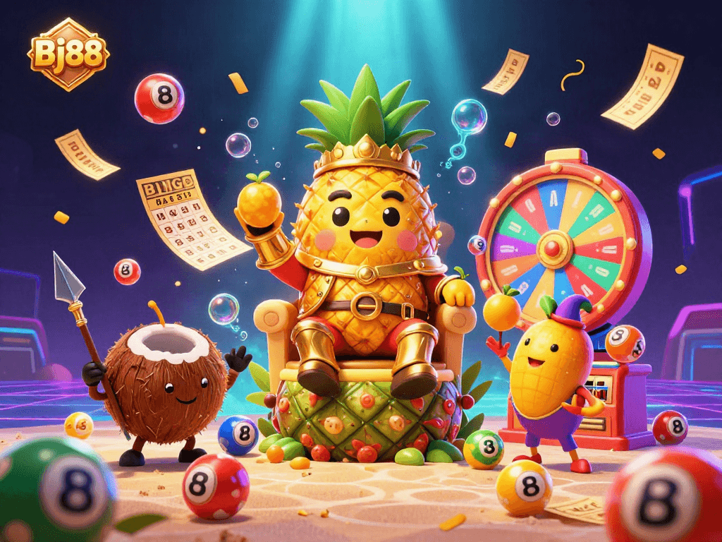 Bj88 brings excitement with a vibrant 3D illustration of a casino scene featuring a golden pineapple king and colorful lottery elements.