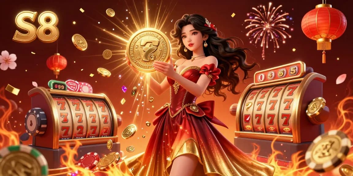 S8 Casino experience highlights a stunning woman celebrating with golden coins and vibrant casino elements.