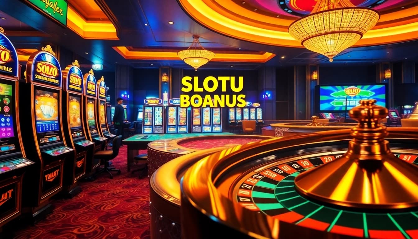 Exciting scene of a casino showcasing slot bonus new member promotions with vibrant slot machines, poker chips, and roulette.
