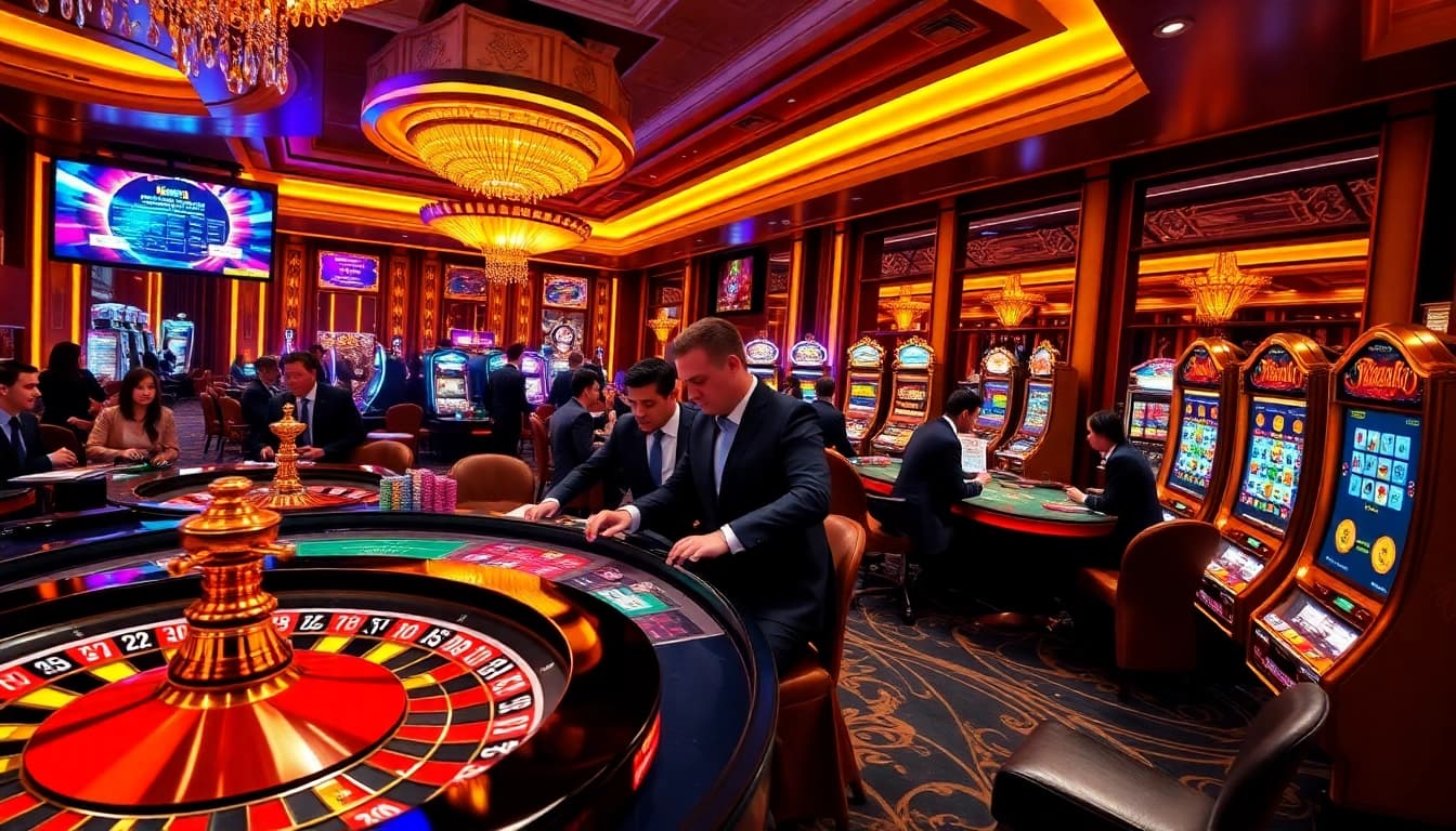 Players enjoying high-stakes action at MK8thai online casino, featuring vibrant tables and slot machines.