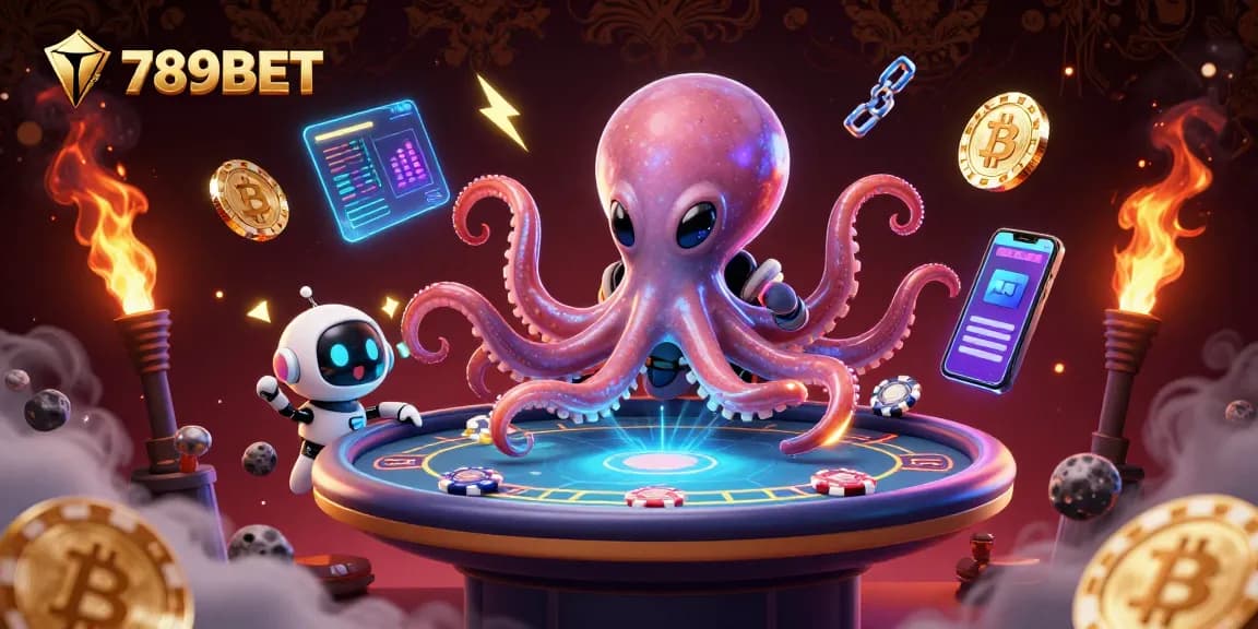 Engage with thrilling casino action at 789BET, featuring colorful alien characters and floating poker elements.