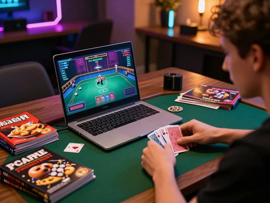 Gambling enthusiast strategizing during a poker game on their laptop at crosstonerestaurant, focused and engaged in online gaming.