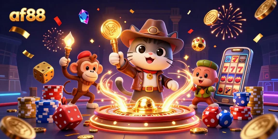 Immerse in the exciting af88 experience as the cat explorer unveils casino treasures amidst spinning roulette wheels and colorful chips.