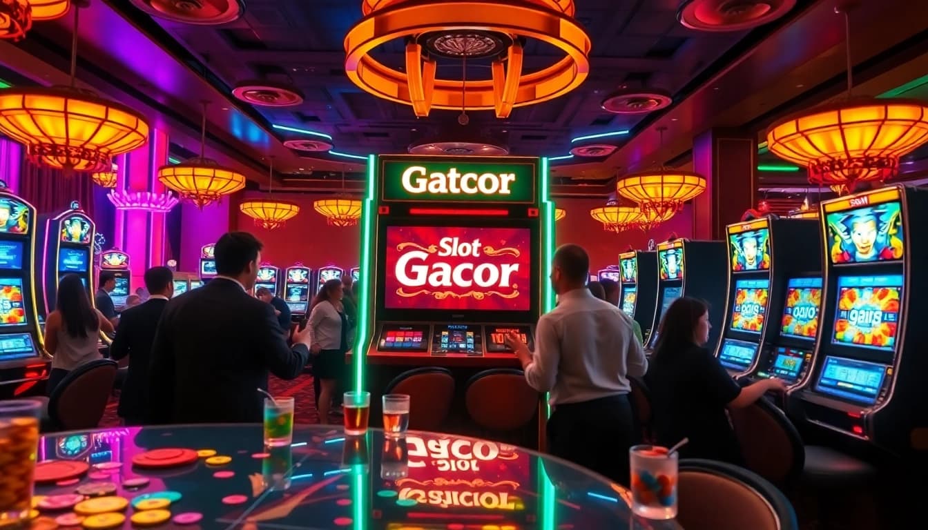 Slot Gacor slot machine in a luxurious casino environment with players engaging in thrilling gameplay.