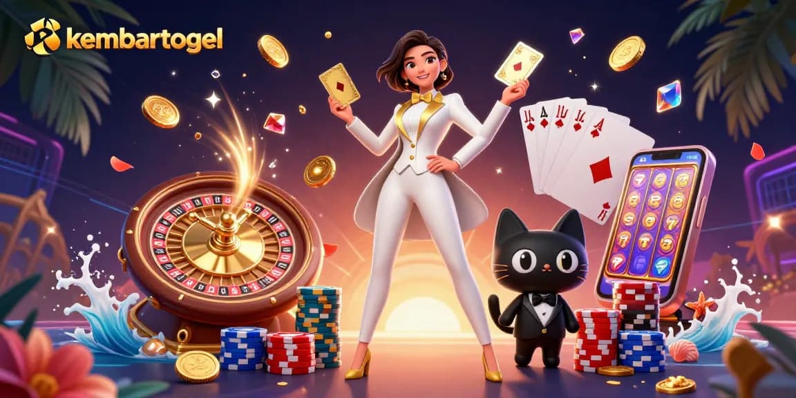 Experience the thrill of kembartogel with 3D illustrations of a glamorous dealer and poker scene.