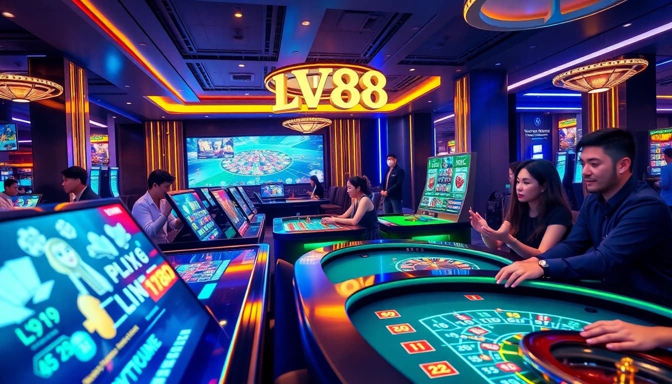 Exciting scene of LV88 online casino with players enjoying games in a modern, vibrant environment.