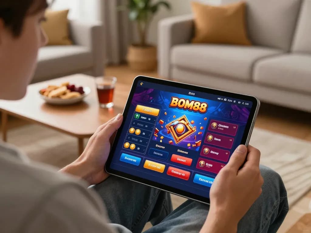 Aplikasi BOM88 menampilkan permainan yang menarik di tablet dalam suasana ruang tamu yang nyaman, menyoroti judi online.
