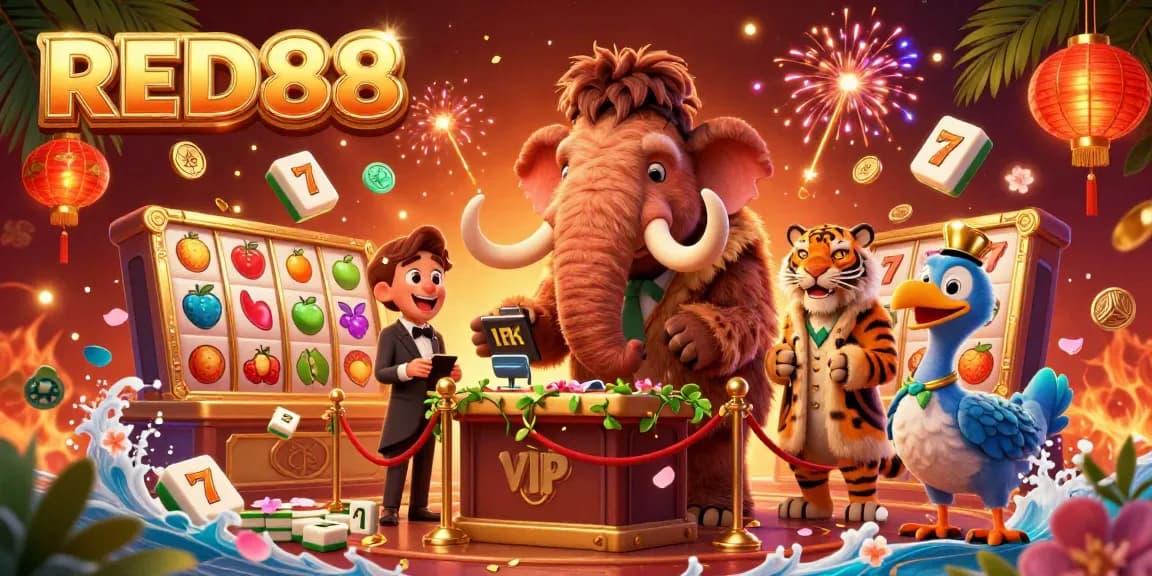 Experience the vibrant visuals of RED88 with a woolly mammoth bouncer, a saber-tooth tiger VIP guest, and dynamic slot elements.
