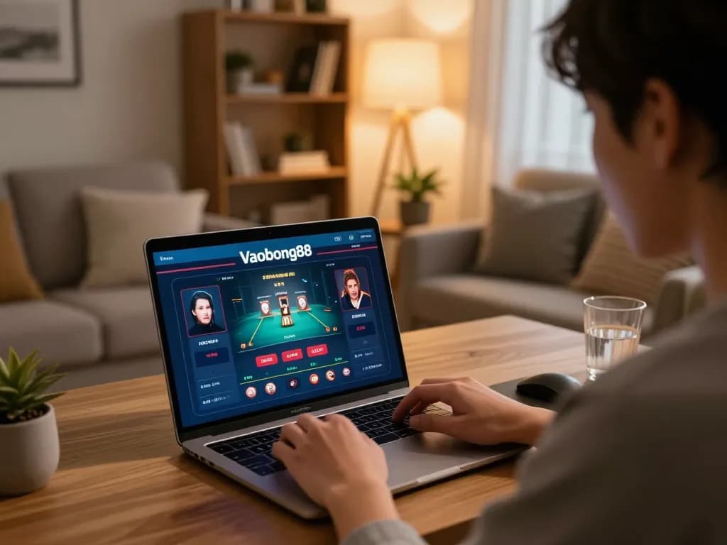 Playing Vaobong88 online casino on laptop in a cozy home setting with warm lighting.