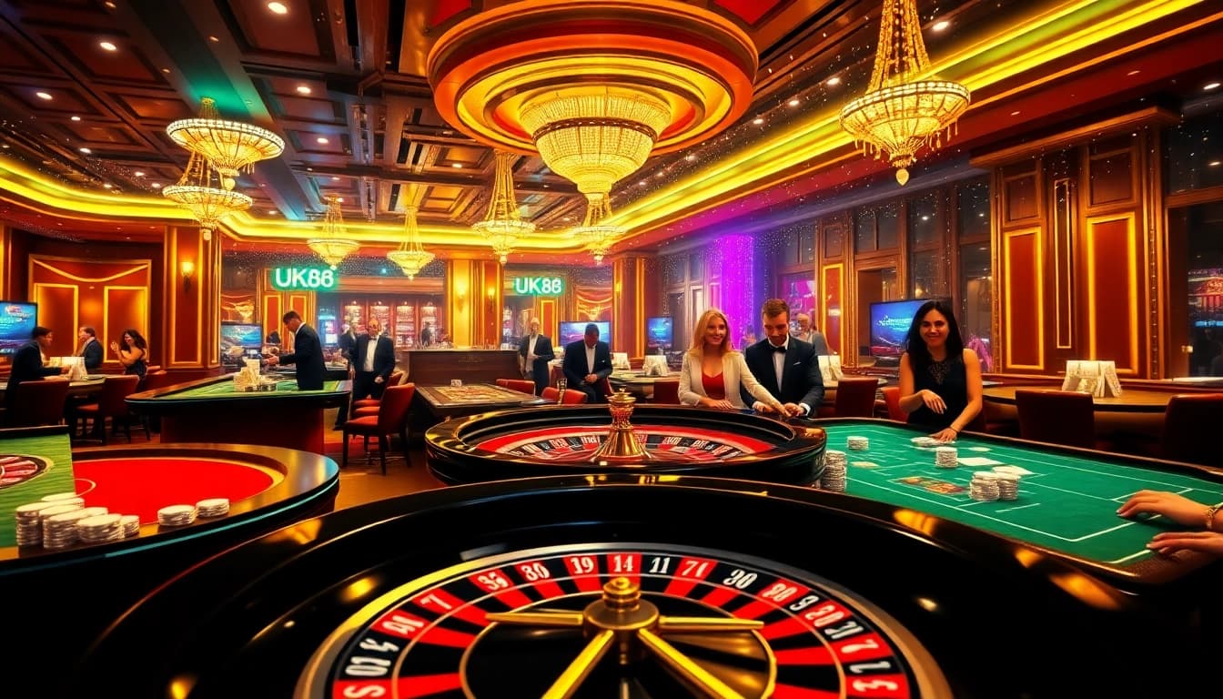 High stakes play at UK88 casino with vibrant tables, professional dealers, and excitement.