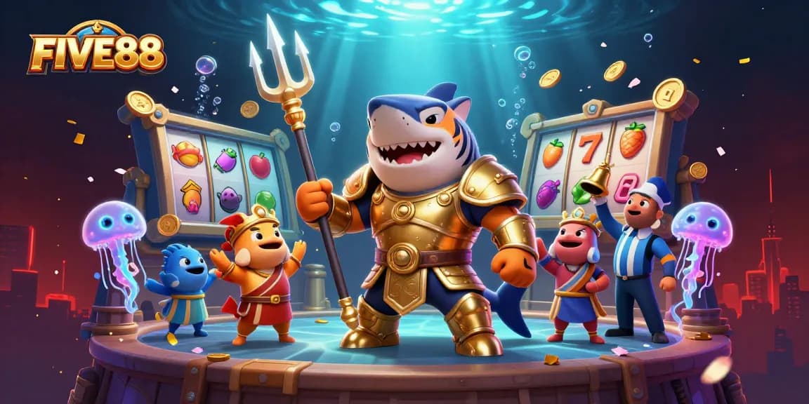 Experience the thrill of FIVE88 with a dynamic underwater casino scene featuring a shark warrior.