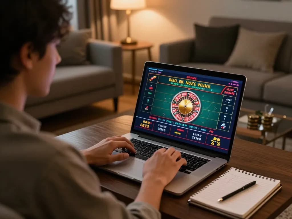 Engaging in Online Casino No Deposit gameplay on laptop in a cozy living room setting.