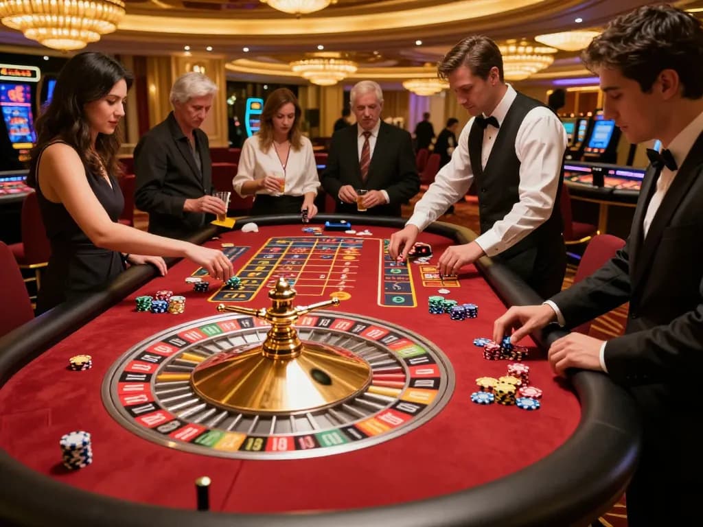 Suasana meja roulette yang penuh aksi di kasino HALOCUAN98 dengan pemain yang memasang taruhan dan dengan antusias menonton roda berputar.