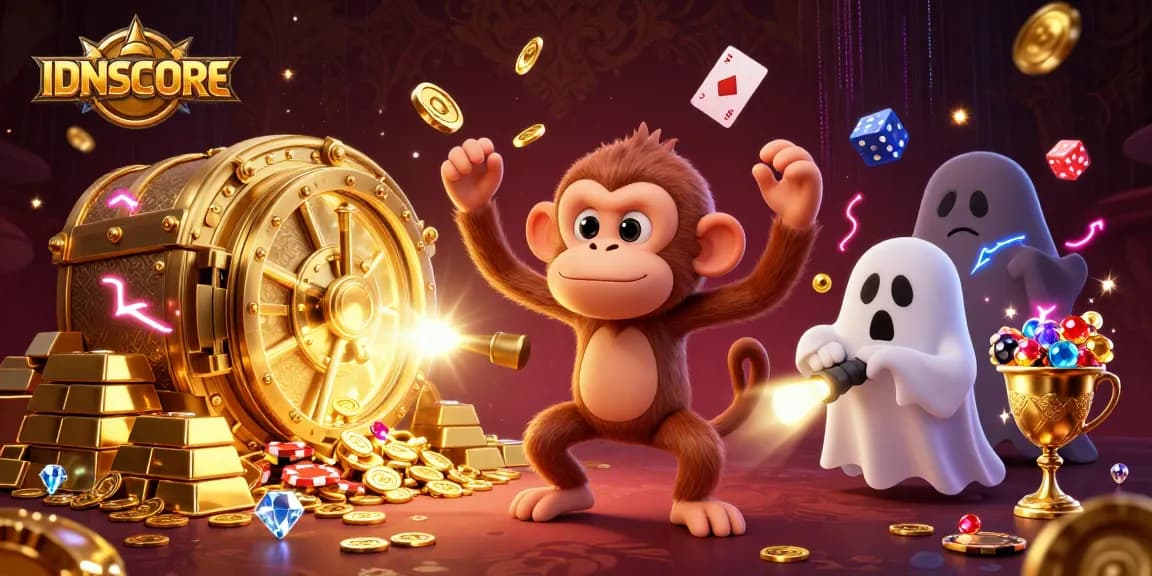 Engage with IDNSCORE in a vibrant casino scene featuring playful elements and glowing treasures.
