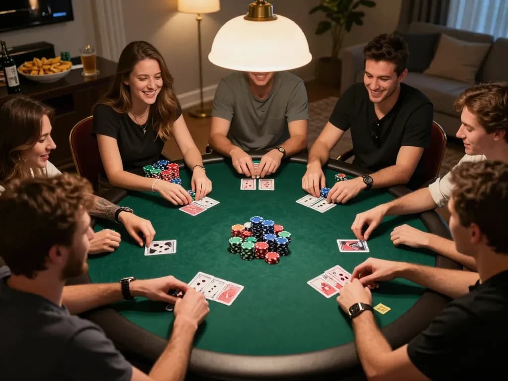 SUNWIN players engaging in a vibrant home poker night with colorful chips and cards, enjoying social gaming atmosphere.