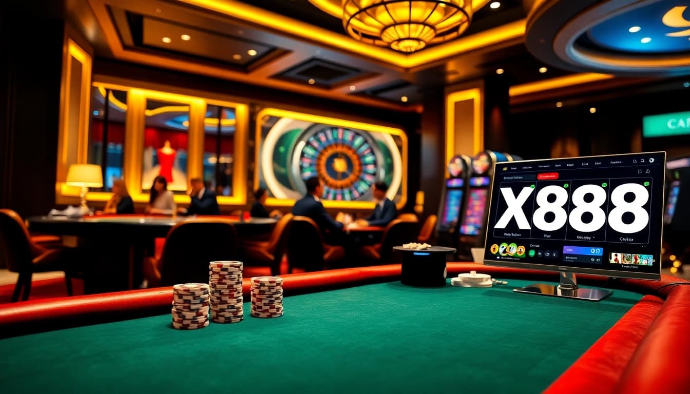 Experience excitement at XX88's casino table with poker chips and cards in play.