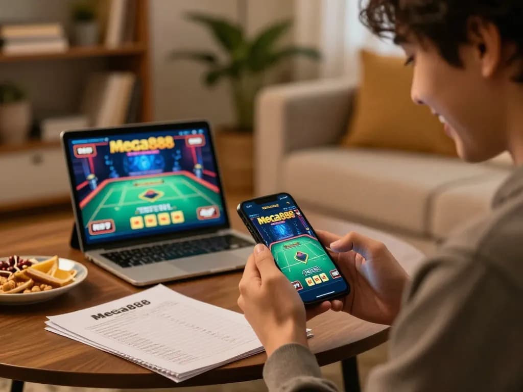 Mega888 app gameplay on smartphone in a cozy living room, showcasing responsible gaming.