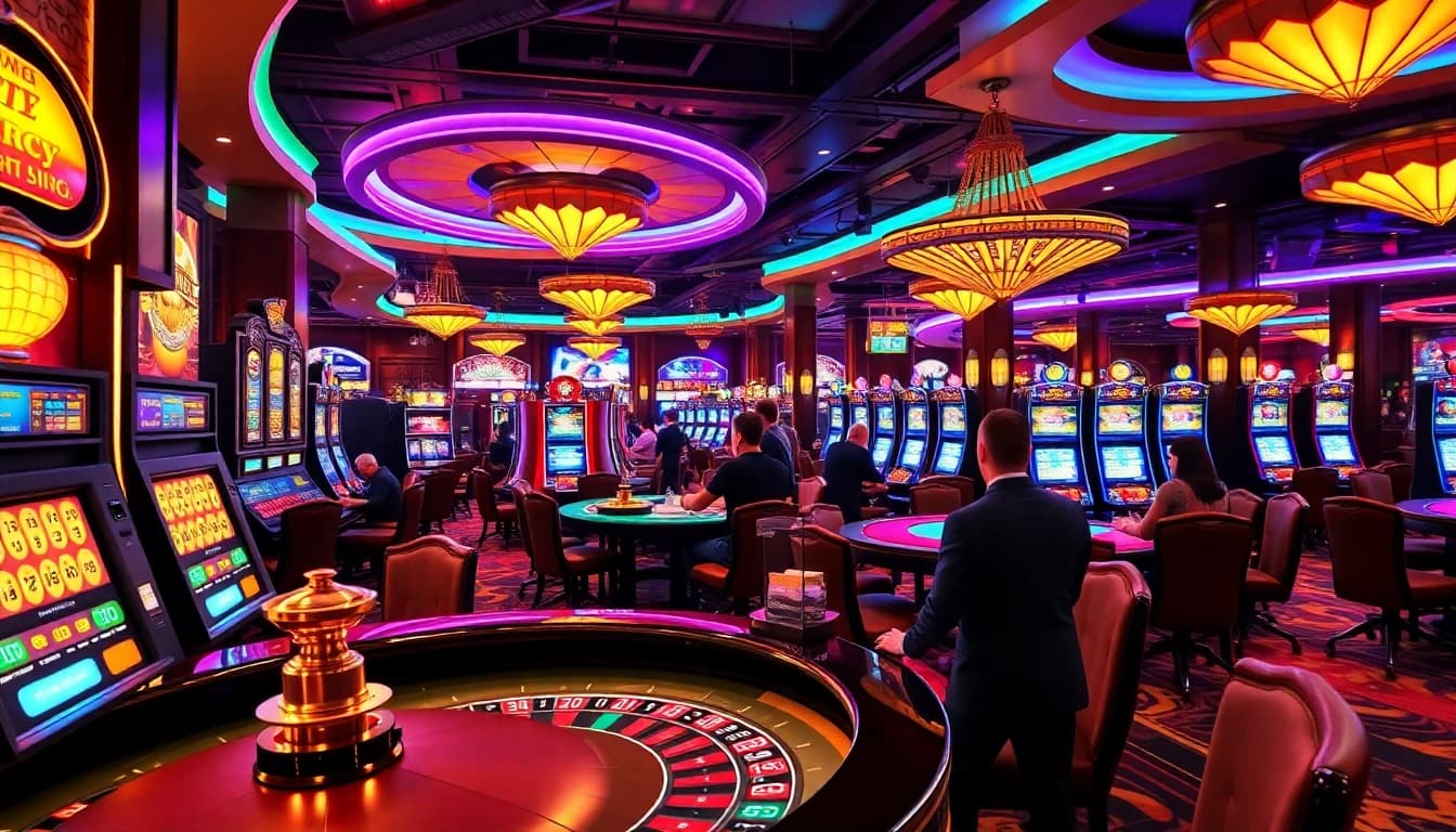 Experience the vibrant atmosphere of an Online Casino with players engaged at gaming tables.