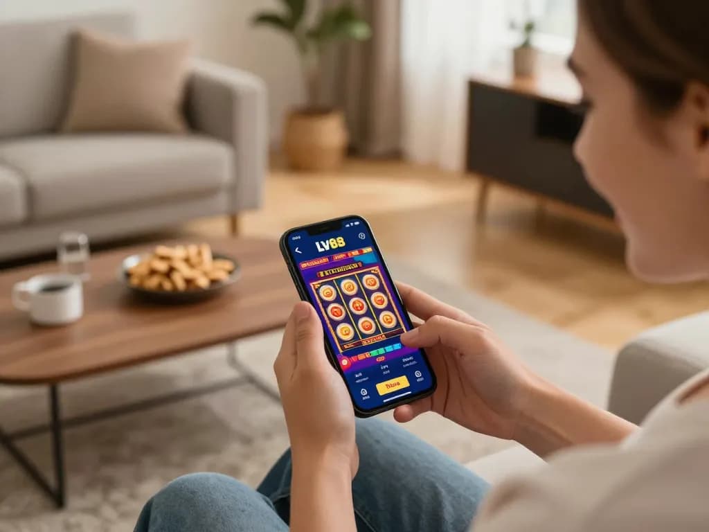 Player engaging with LV88 mobile app, enjoying a cozy home gaming experience with slot games.