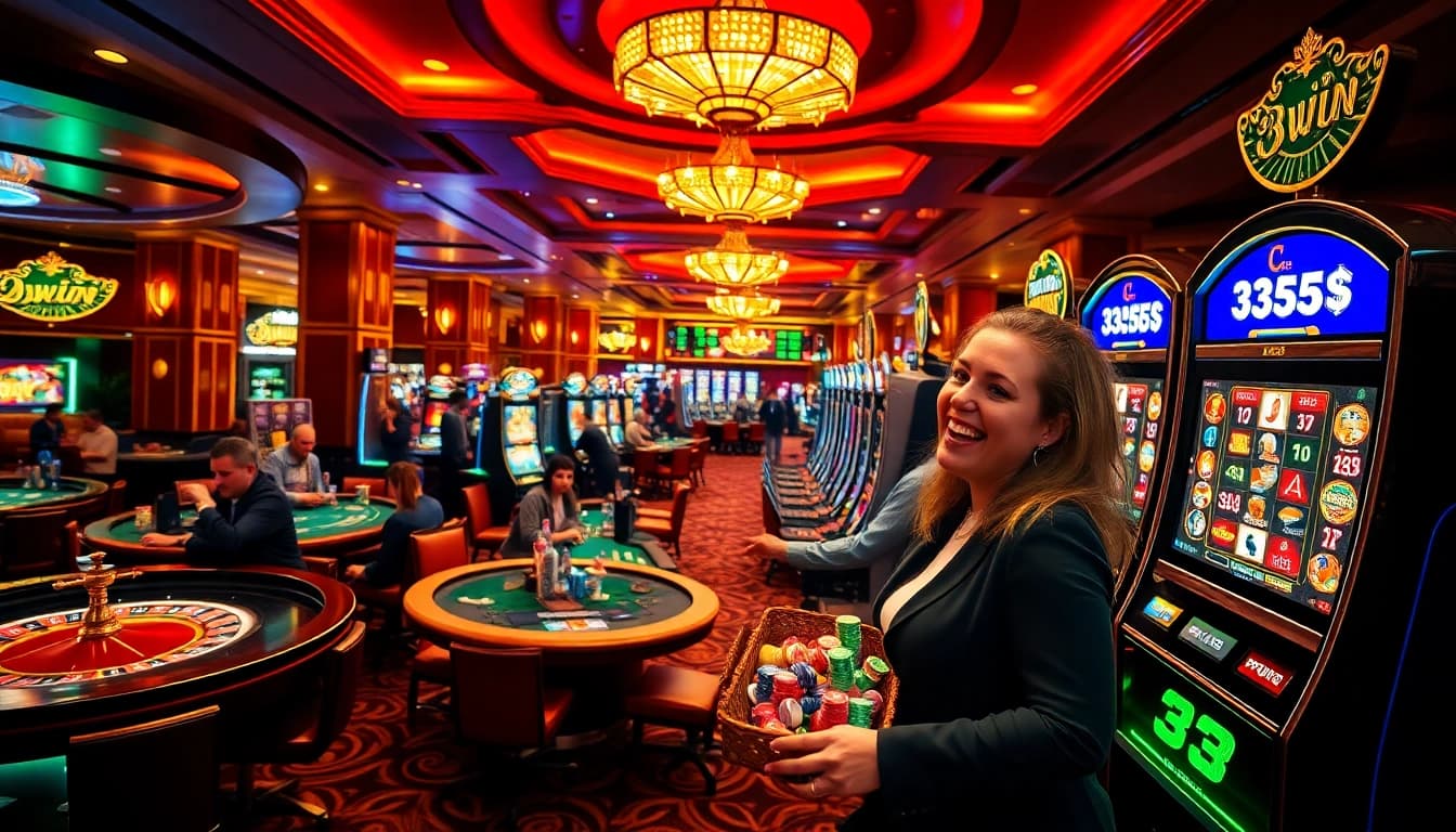 Players enjoying a thrilling game at 33win casino with vibrant slot machines and roulette.