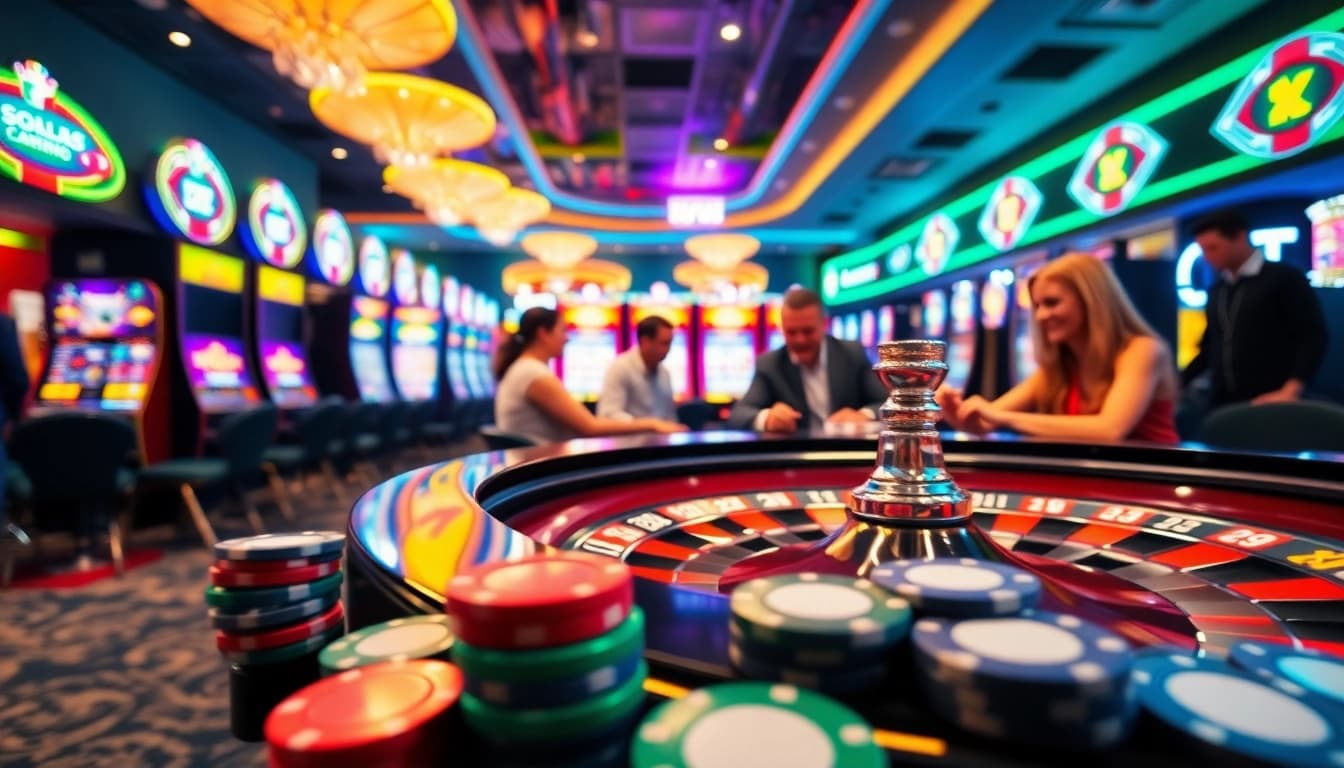 Engage in thrilling y3娱乐 at an exciting casino scene with vibrant roulette and lively players.
