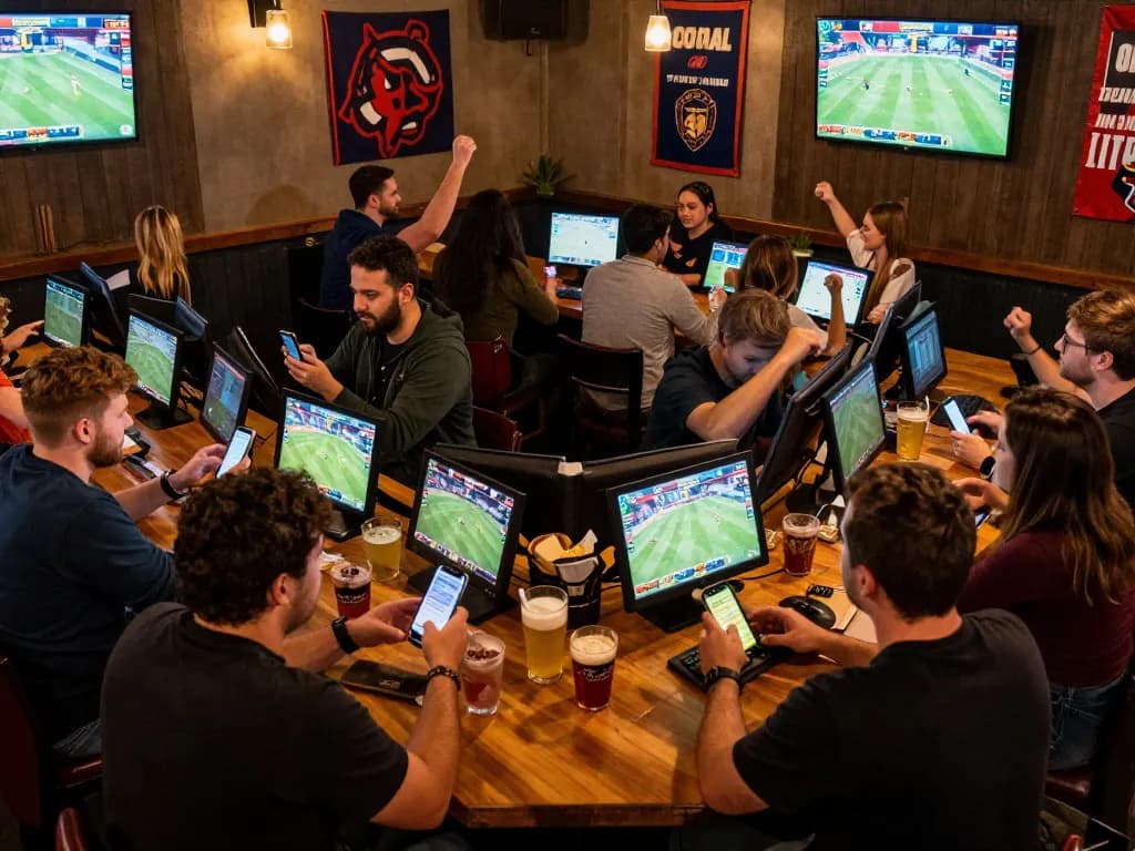 Engaged sports bettors celebrating wins at the sports bar while using selfieplasticsurgeries key strategies for better odds.