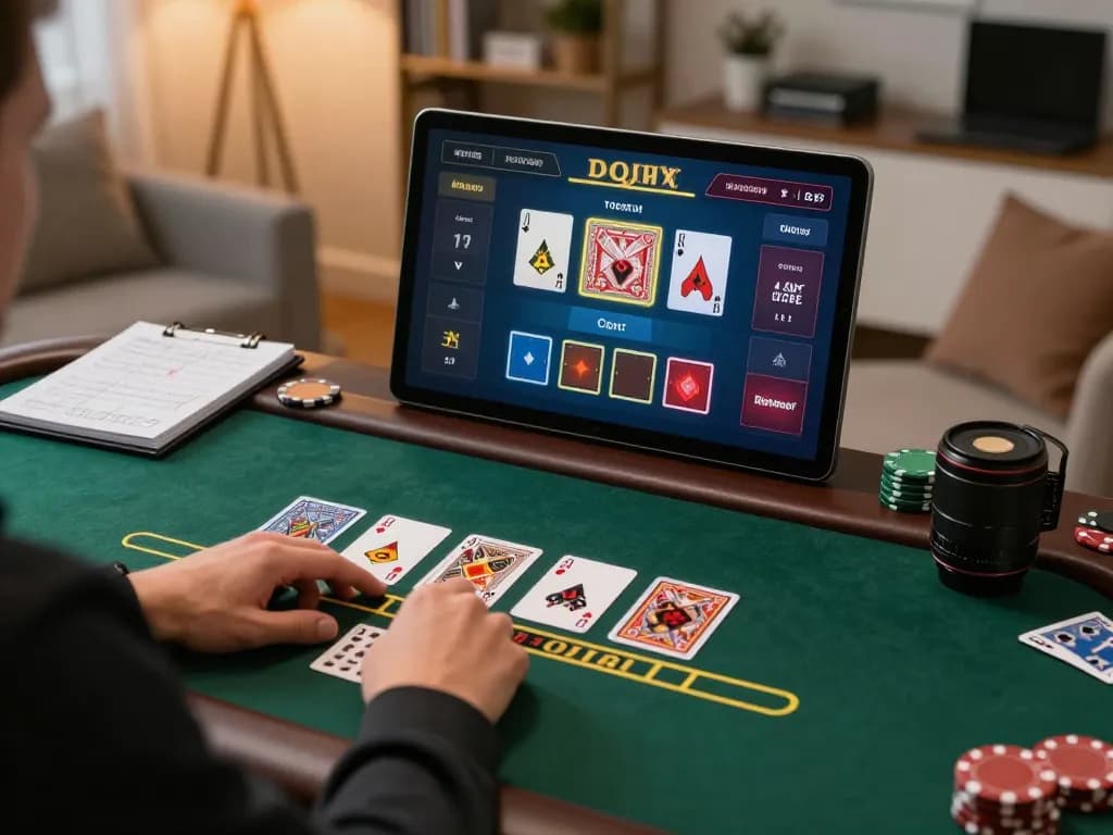 UK88 strategist preparing for online blackjack with engaging screen interface in warm home setting