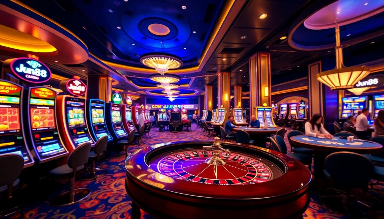 Experience high-stakes gaming at Jun88, featuring lively casino tables and vibrant slot machines.