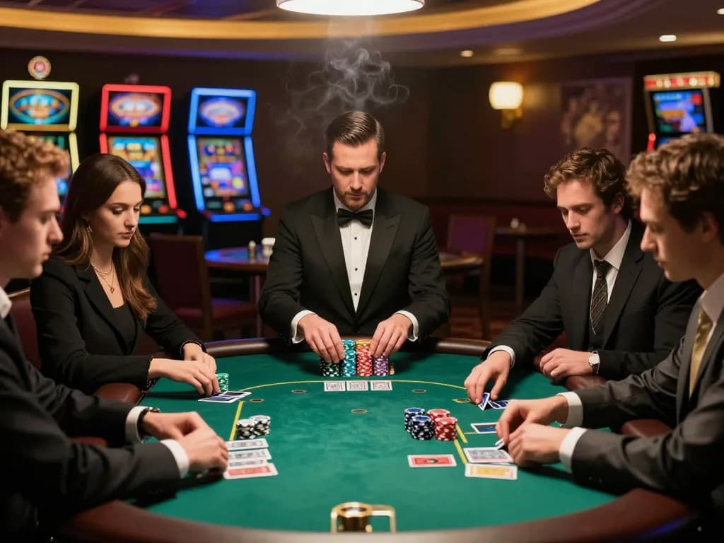 Players engaged in an intense game of blackjack at 789 CLUB casino, vibrant atmosphere with colorful chips