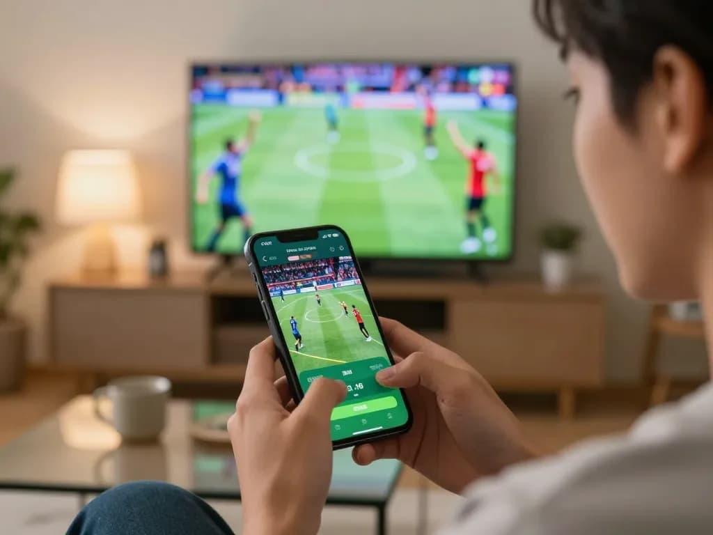 Engaging with nk88 sports betting app during a live match in a cozy home setting