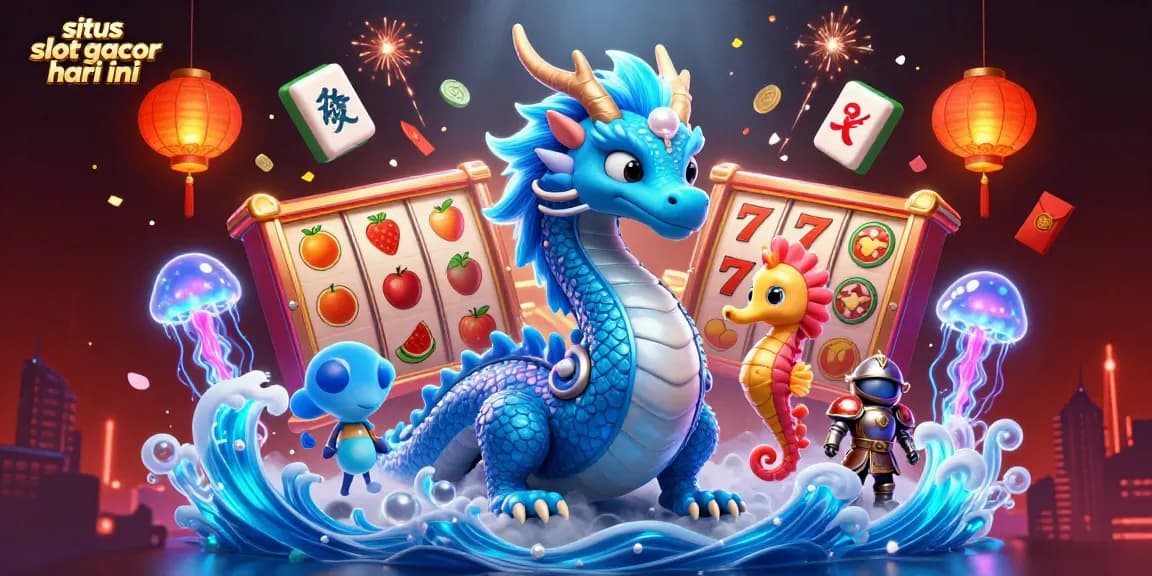 Engage with situs slot gacor hari ini showcasing an azure water dragon and seahorse knight amid vibrant casino elements.