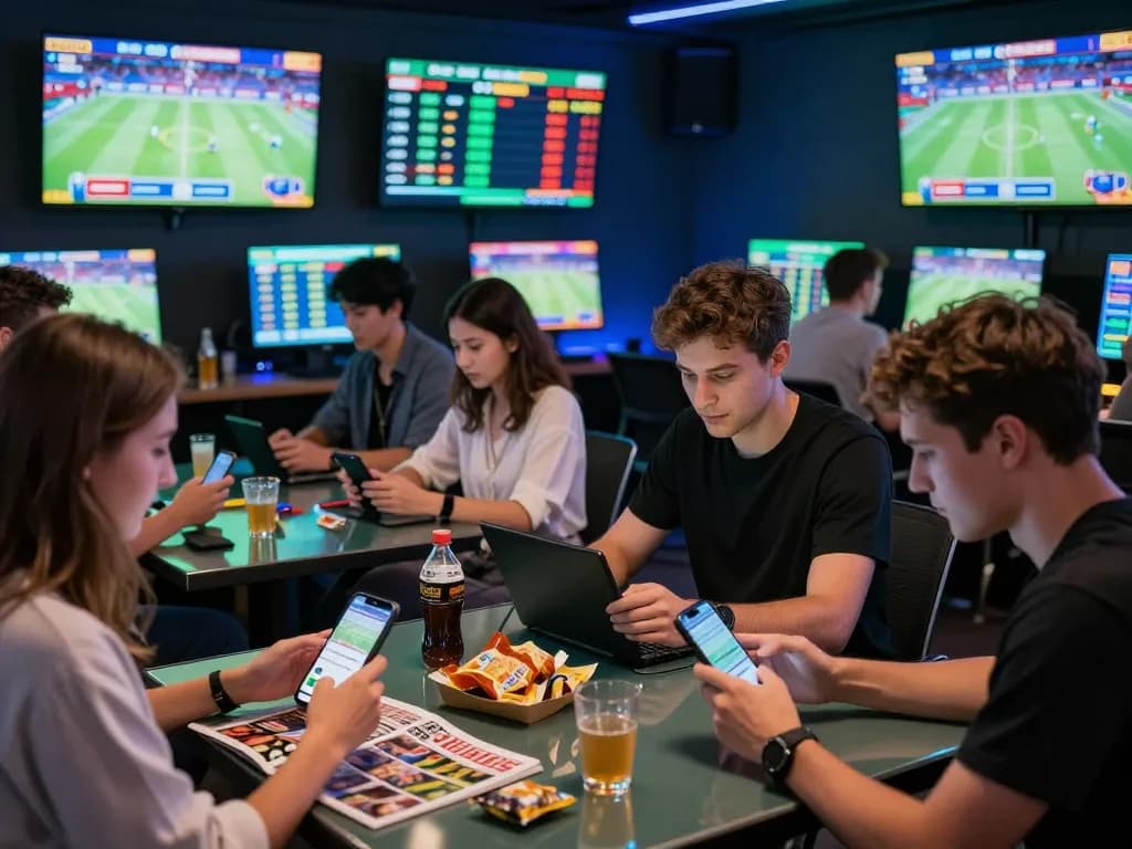 Engaged group of individuals placing bets on Fabet in a lively online gaming environment surrounded by multiple screens.