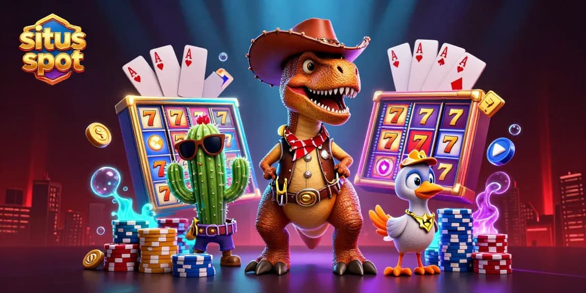 Spin the reels of situs slot as the T-Rex cowboy and friends celebrate jackpot wins.
