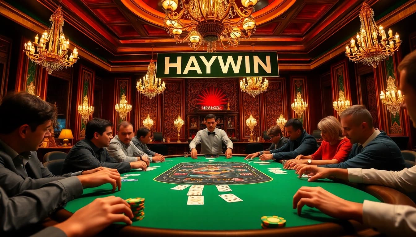 HAYWIN enhances the excitement at a luxury casino poker table with players and vibrant chips.