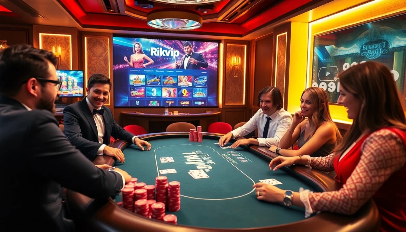 Exciting casino gameplay at Rikvip with players engaged at a poker table, vibrant chips, and professional dealers.