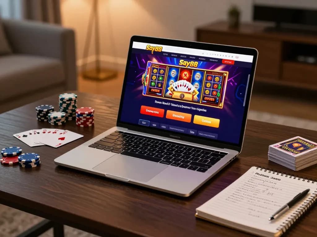 Engaging online gaming scene with a laptop displaying Say88 casino options, poker chips, ambiance.