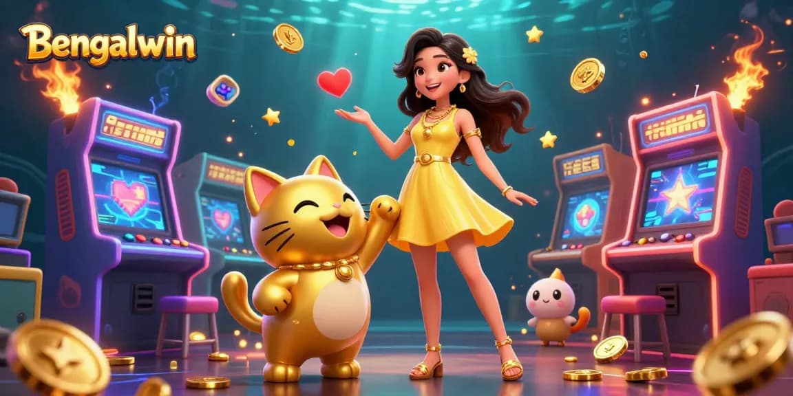 Bengalwin players winning big with a cheerful Asian woman and a lucky cat amidst a lively casino atmosphere