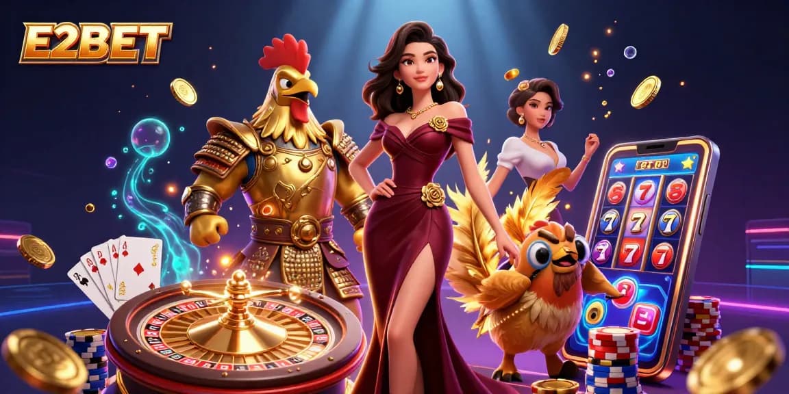 E2BET offers an enticing gaming experience with glamorous characters amid vibrant casino elements.