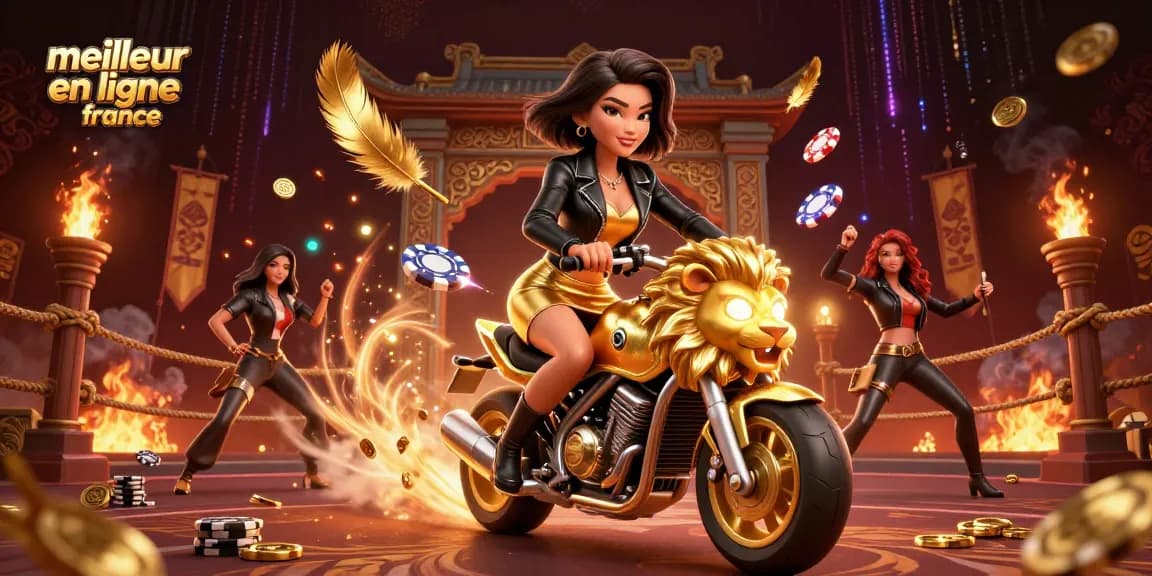 Vivez l'excitation au meilleur casino en ligne france avec une femme glamour montant un lion doré au milieu d'éléments de casino dynamiques.