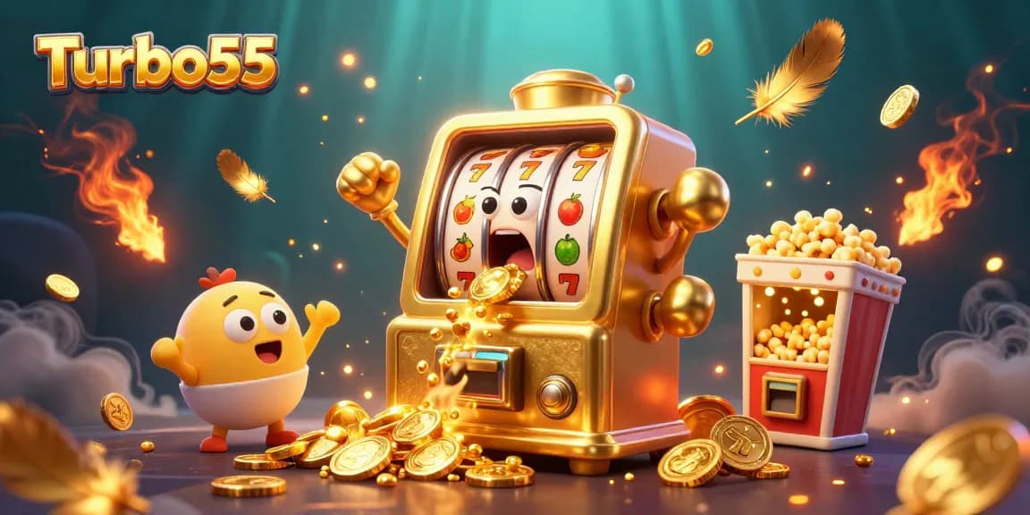 Turbo55 slot machine celebrates a jackpot win as coins pour out, creating a lively casino atmosphere.