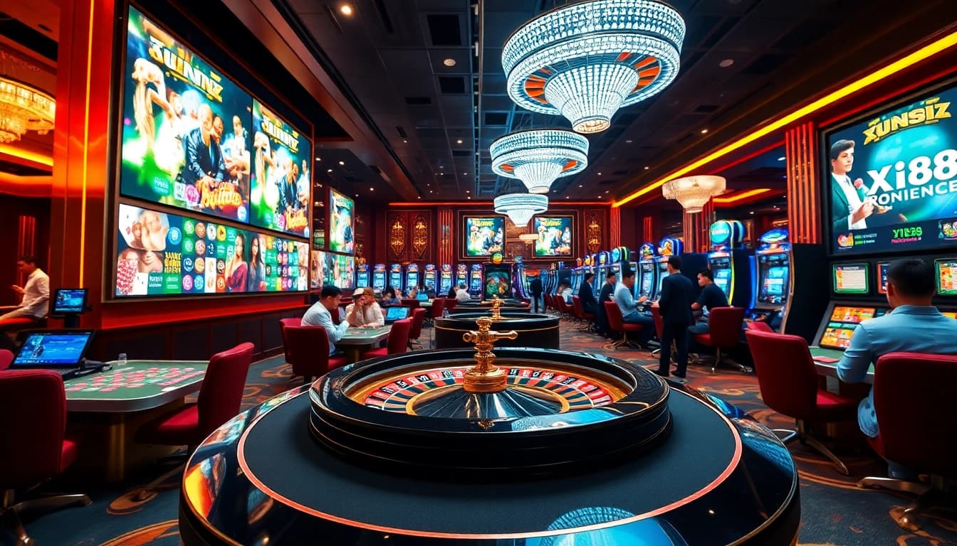 Players enjoying exciting games at Xin88 casino with vibrant lights and tables.