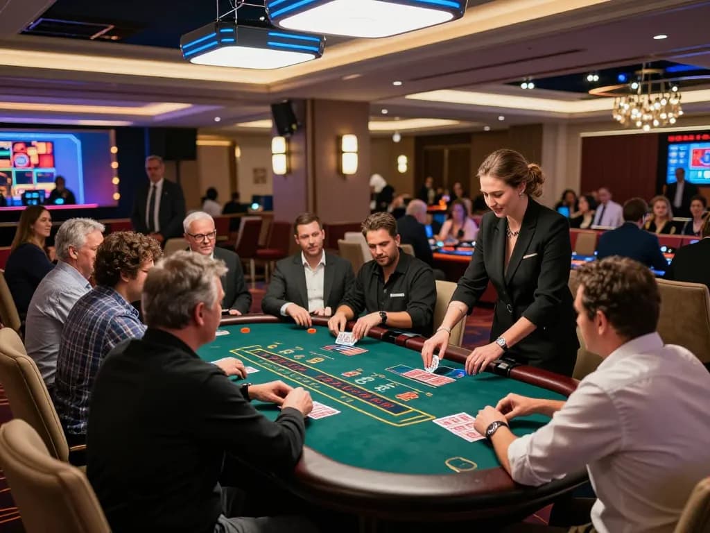 O8 players engaging in intense blackjack gameplay with a professional dealer in a vibrant casino.