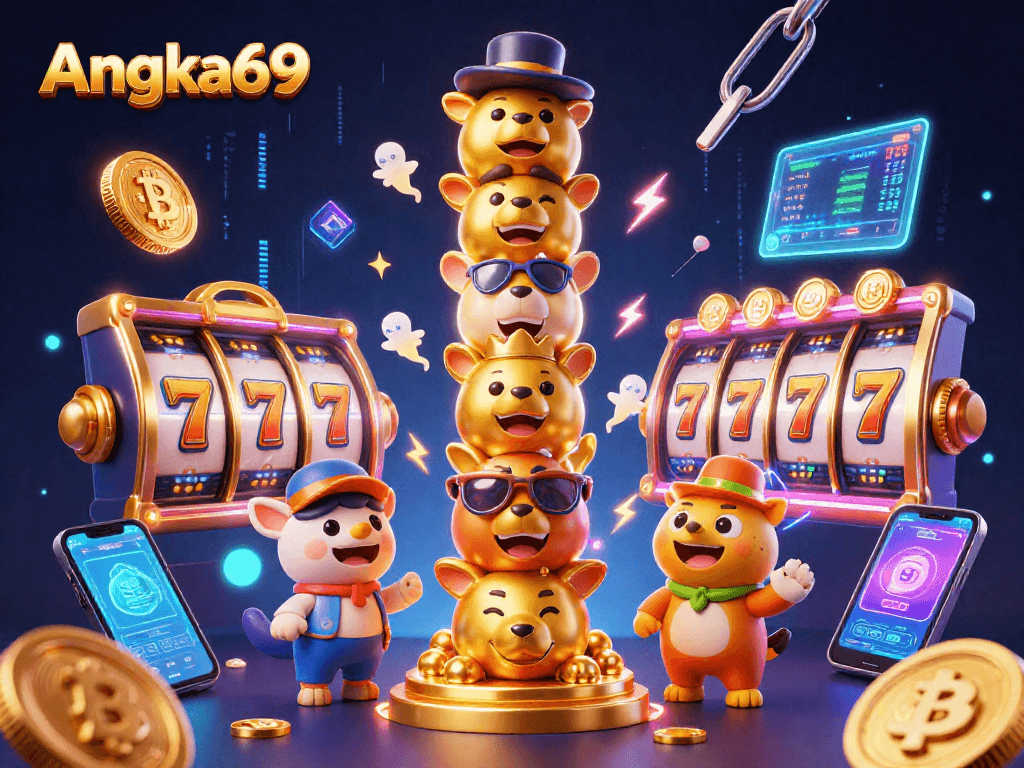 Experience Angka69's thrilling slot gaming with vibrant animations and interactive cryptocurrency elements.