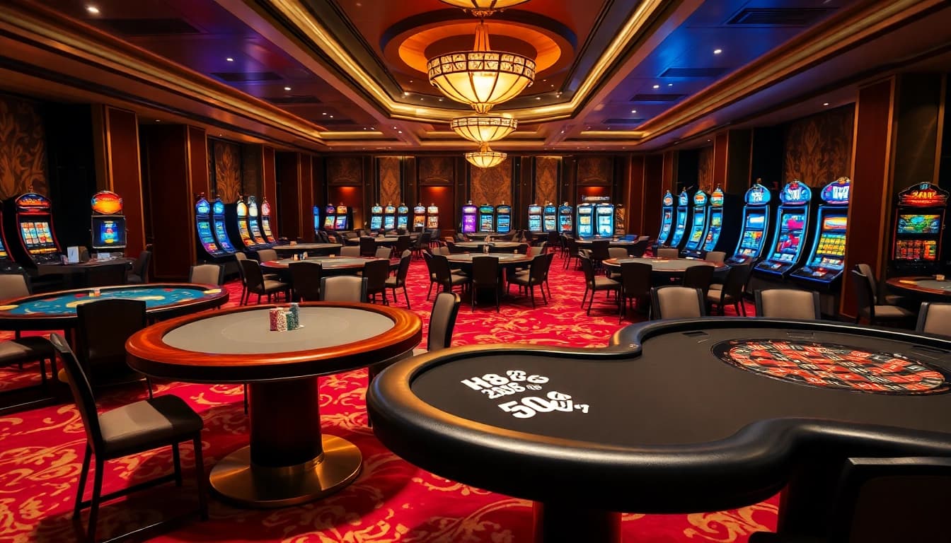 Experience the thrill of HM88 with vibrant casino action featuring poker tables and slot machines.