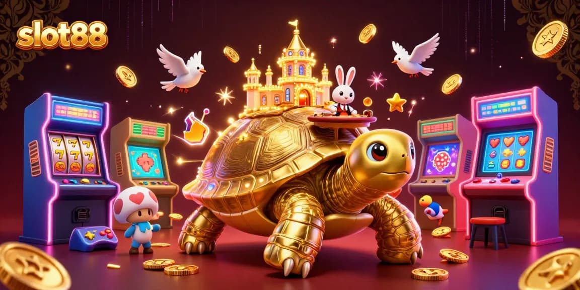 Experience thrilling gameplay with slot88, where a golden tortoise hosts a vibrant casino scene filled with excitement.