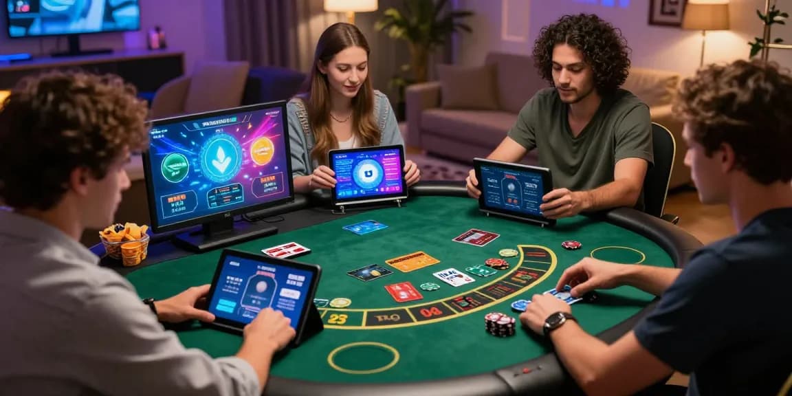 Players at the best casinos for credit cards enjoying games with Visa and Mastercard, celebrating wins in a cozy home setting.