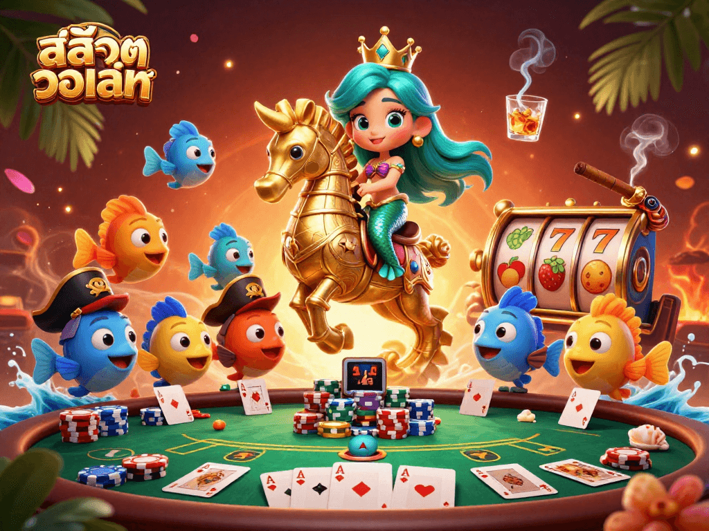Spin the slot reels with สล็อตวอเลท featuring a mermaid princess and colorful poker elements in vibrant underwater scene.